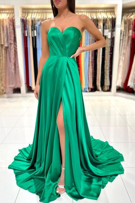 Vestido de noche largo verde de corte A sin mangas con escote en forma de corazón y abertura lateral