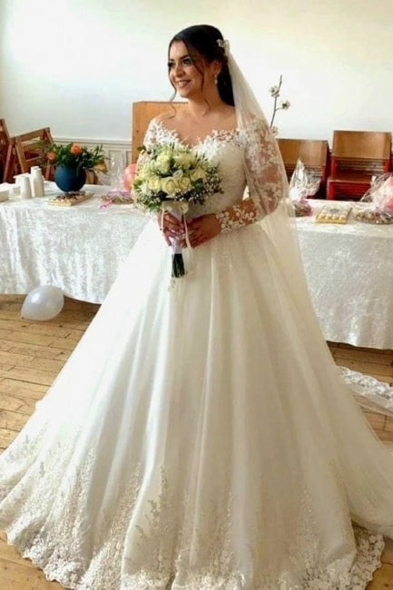 Abito da sposa a linea ad A in tulle con maniche lunghe e pizzo Sweetheart