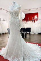Ivory Sweetheart Long Sleeve Tulle Mermaid Wedding Dress With Lace Beading