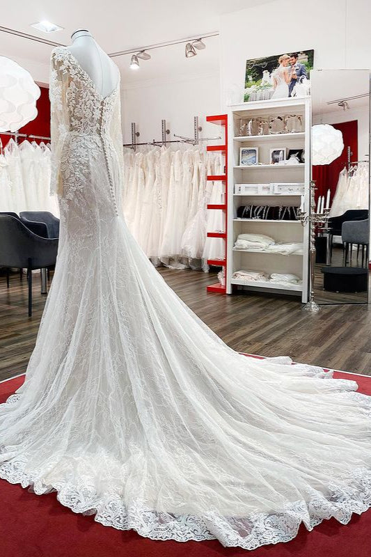 Ivory Sweetheart Long Sleeve Tulle Mermaid Wedding Dress With Lace Beading