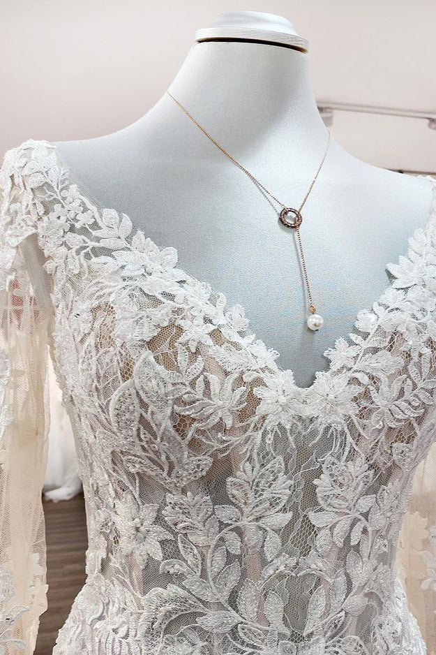 Ivory Sweetheart Long Sleeve Tulle Mermaid Wedding Dress With Lace Beading