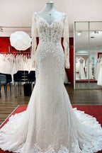 Ivory Sweetheart Long Sleeve Tulle Mermaid Wedding Dress With Lace Beading