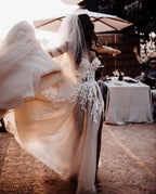 Sweetheart Long Lace Appliques Tulle A Line Wedding Dress With Chapel Train