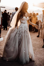 Sweetheart Long Lace Appliques Tulle A Line Wedding Dress With Chapel Train