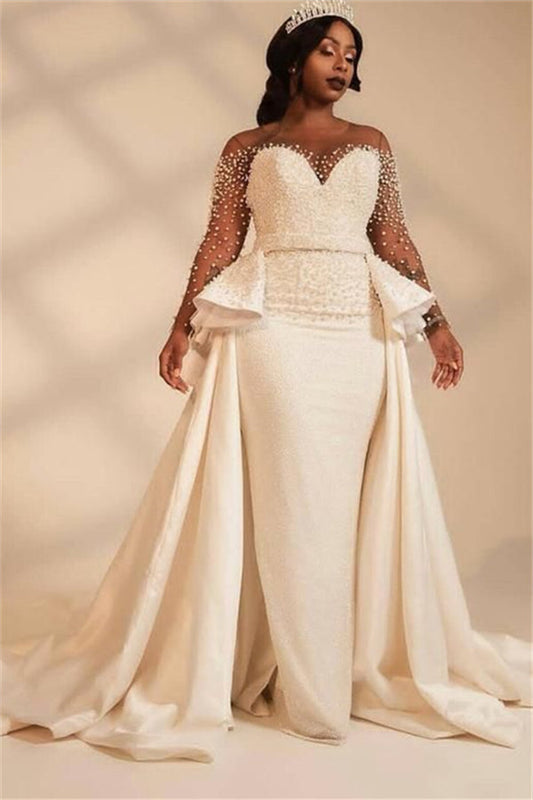 Dickes Brautkleid im Meerjungfrauen-Stil mit Herzausschnitt und Überrock