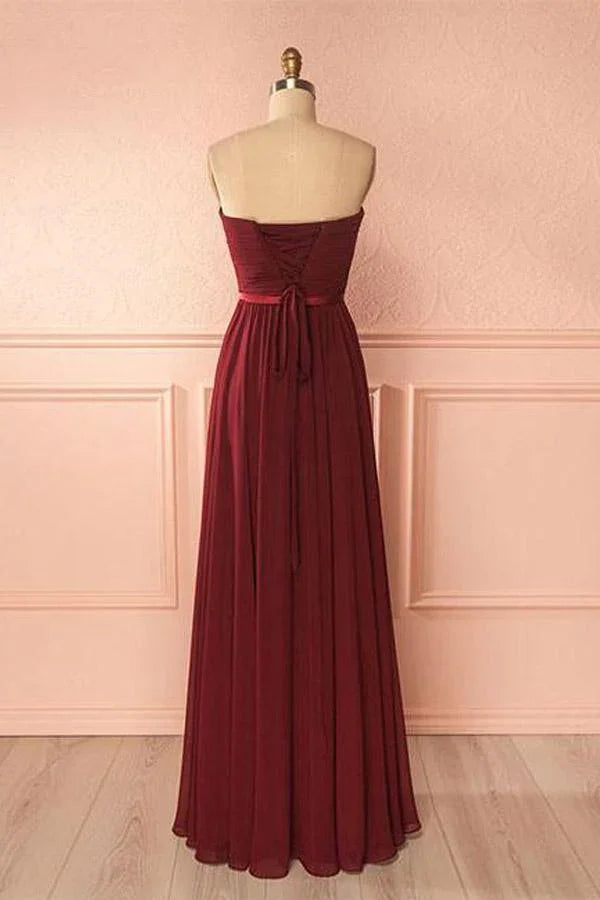 Vestido largo de fiesta burdeos de gasa con escote corazón Vestido de dama de honor PG422