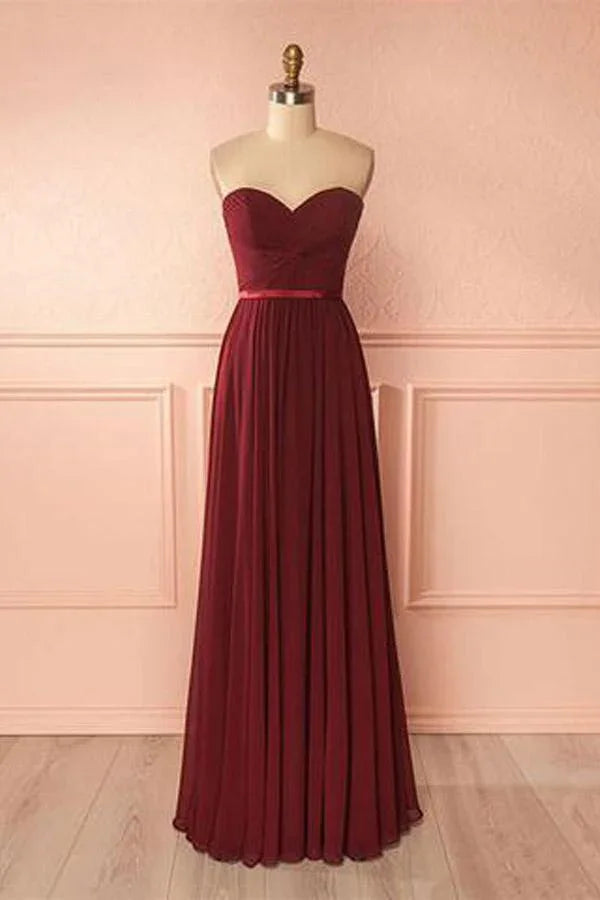Vestido largo de fiesta burdeos de gasa con escote corazón Vestido de dama de honor PG422