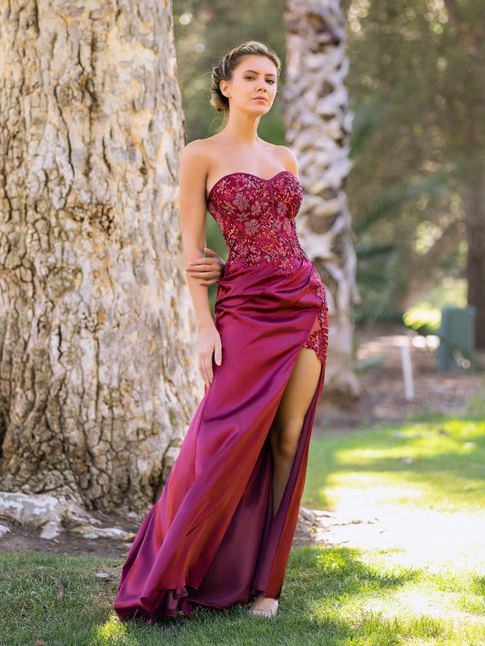 Vestido de fiesta largo hasta el suelo de satén con parte superior de encaje y lentejuelas con escote de corazón