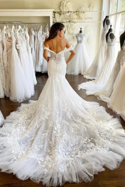 Sweetheart Off-the-Shoulder Mermaid Bridal Gown Tulle Lace Appliques Wedding Dress