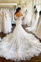 Sweetheart Off-the-Shoulder Mermaid Bridal Gown Tulle Lace Appliques Wedding Dress