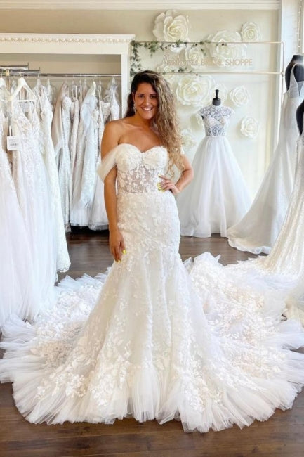 Herzausschnitt Off-the-Shoulder Meerjungfrau Brautkleid Tüll Spitze Applikationen Brautkleid