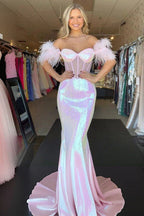 Gwenda | Black Sequin Feather Sheer Bodice Trumpet Long Gown