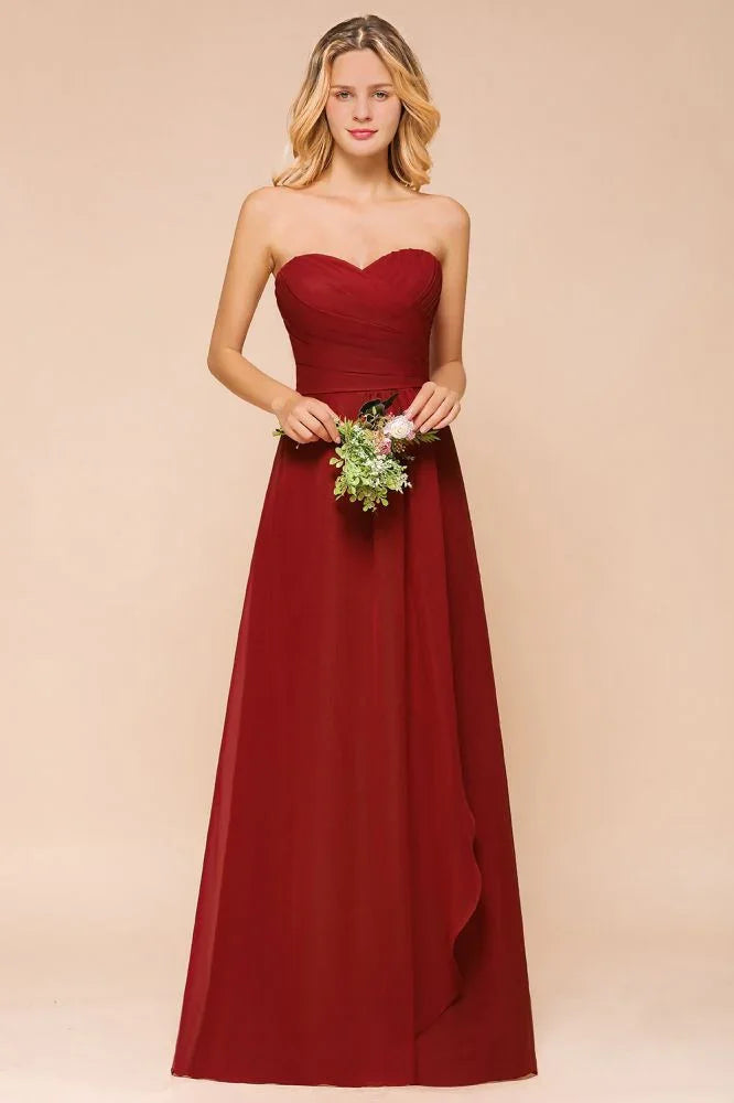 Vestido de Dama de Honra Vermelho Coração em Chiffon Comprimento Até ao Chão para Convidada de Casamento sem Costas