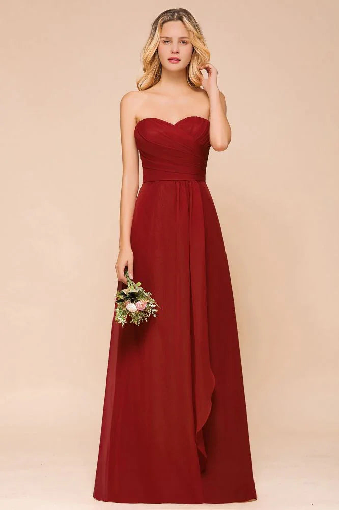 Vestido de Dama de Honra Vermelho Coração em Chiffon Comprimento Até ao Chão para Convidada de Casamento sem Costas