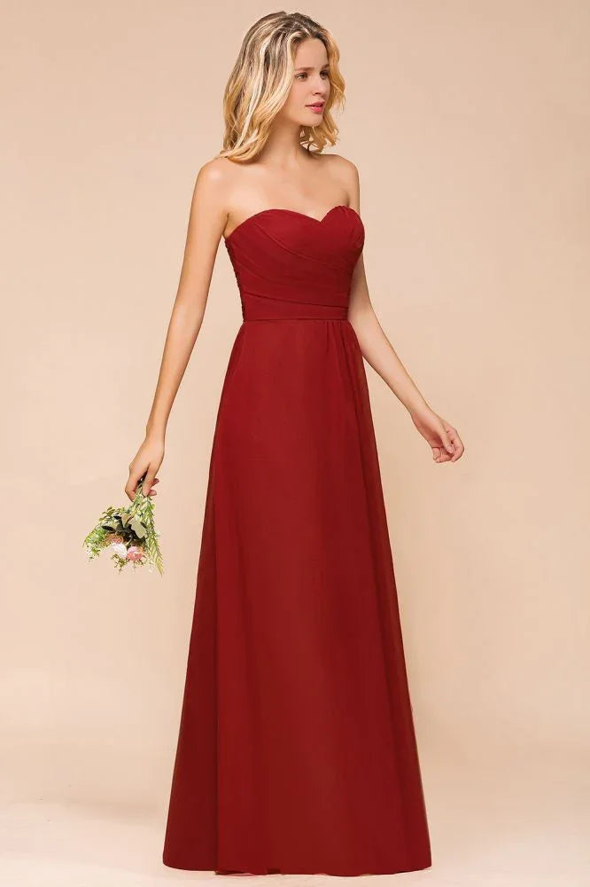 Vestido de Dama de Honra Vermelho Coração em Chiffon Comprimento Até ao Chão para Convidada de Casamento sem Costas