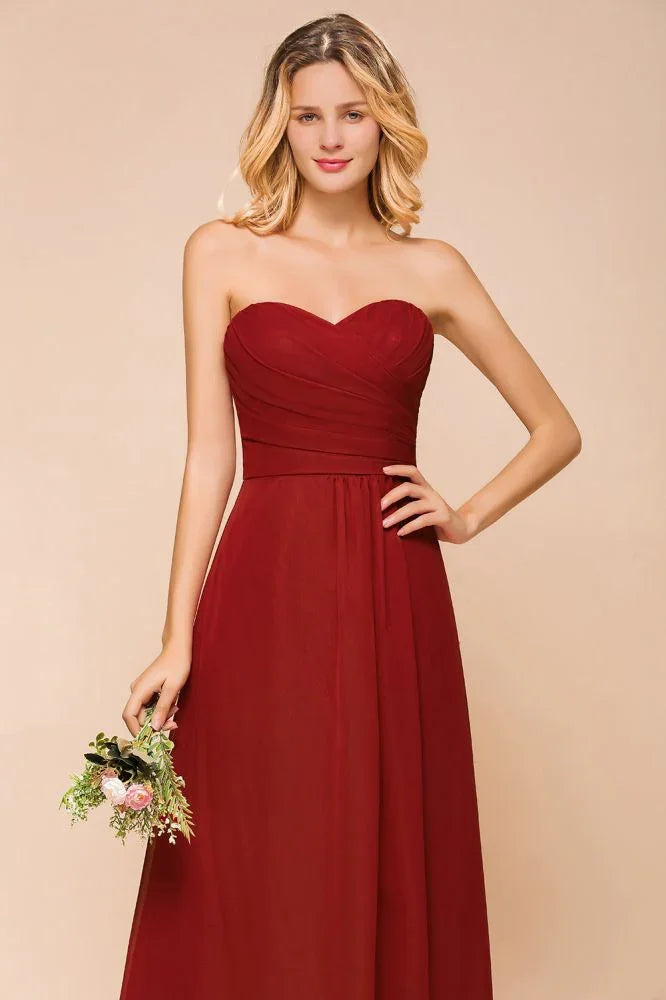 Vestido de Dama de Honra Vermelho Coração em Chiffon Comprimento Até ao Chão para Convidada de Casamento sem Costas