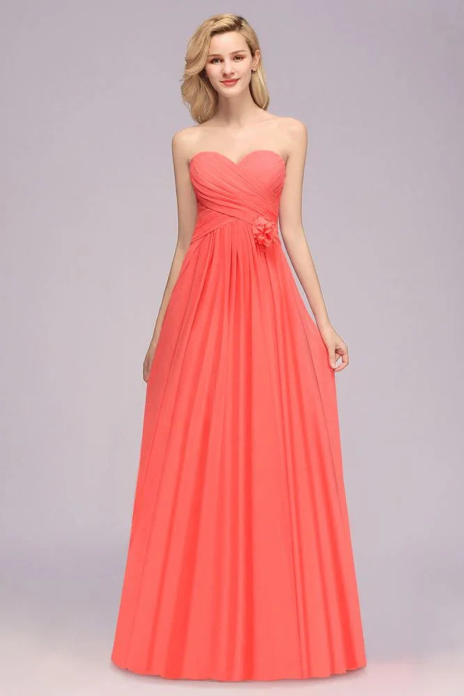 Abito da sera a campana senza maniche con volant Sweetheart in chiffon, abito da damigella a linea ad A