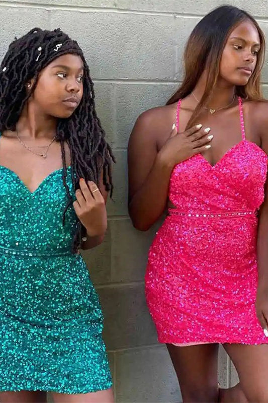 Vestidos de fiesta cortos con lentejuelas y sin mangas con escote corazón