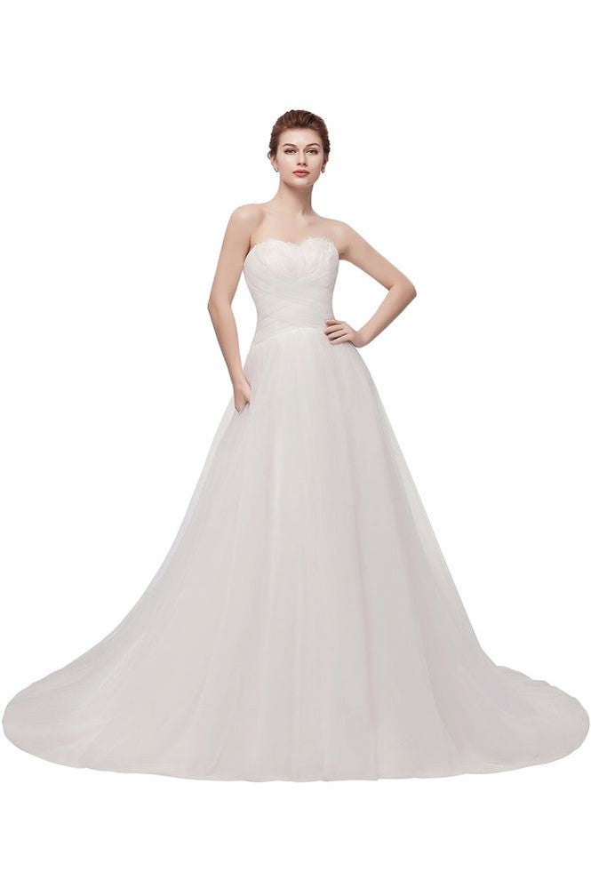 Sweetheart Strapless A-line Feathers Tulle Wedding Dresses