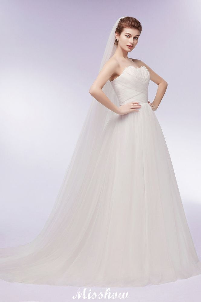 Sweetheart Strapless A-line Feathers Tulle Wedding Dresses