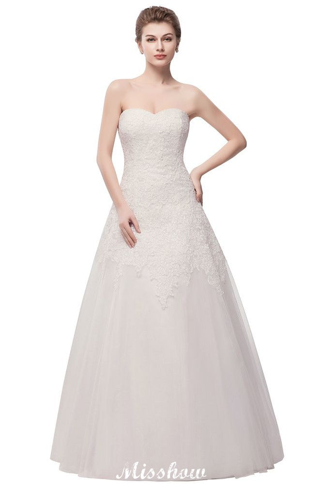 Sweetheart Strapless A-line Long Lace Tulle Wedding Dresses