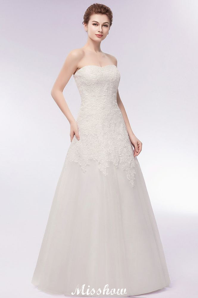 Sweetheart Strapless A-line Long Lace Tulle Wedding Dresses