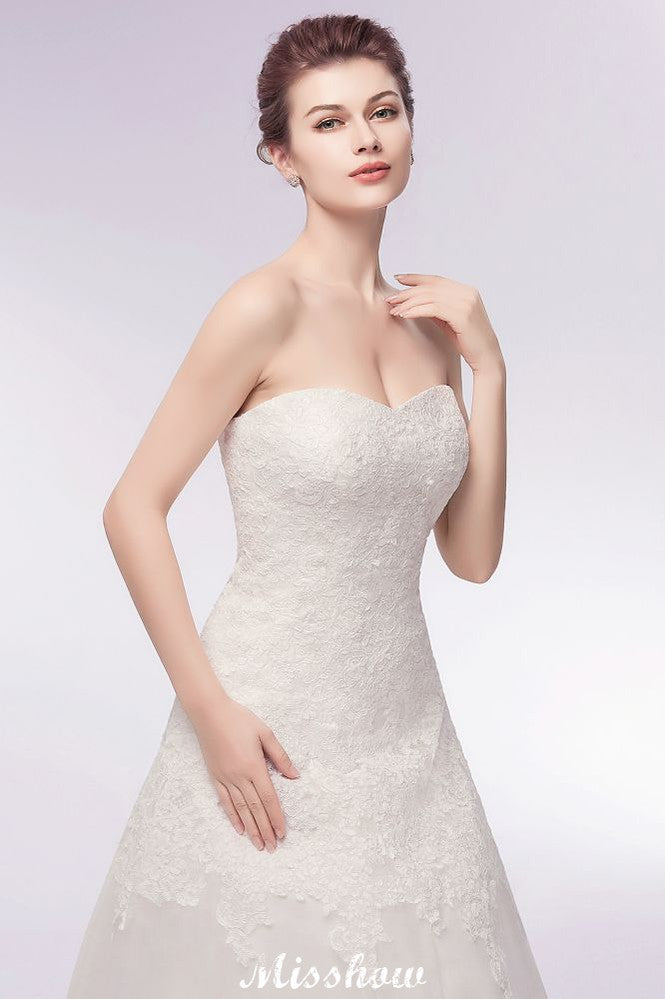 Sweetheart Strapless A-line Long Lace Tulle Wedding Dresses