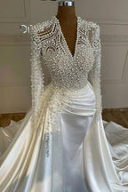 Ivory V Neck Long Sleeves Mermaid Wedding Dress With Beads And Detachable Train