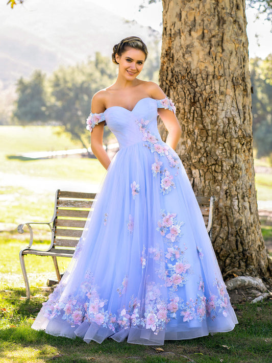 A-Linie, schulterfrei, bodenlanges Ballkleid aus Tüll mit Applikationen