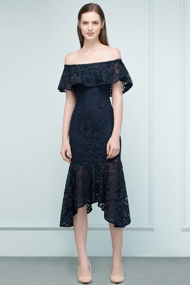 Vestidos de fiesta de encaje con hombros descubiertos, corte sirena, color negro, hasta la rodilla