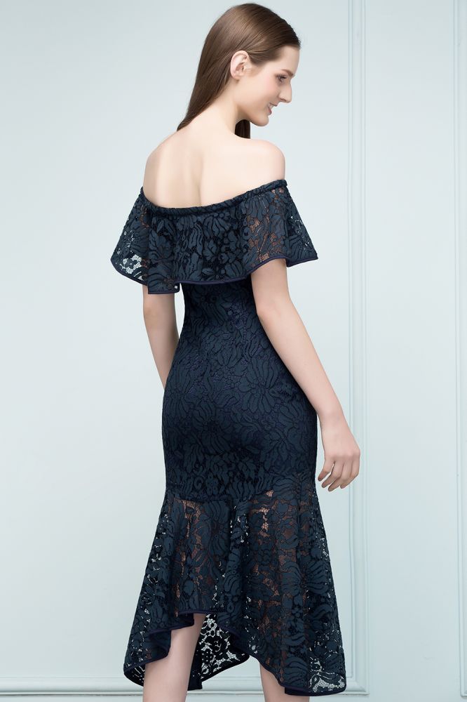 Vestidos de fiesta de encaje con hombros descubiertos, corte sirena, color negro, hasta la rodilla