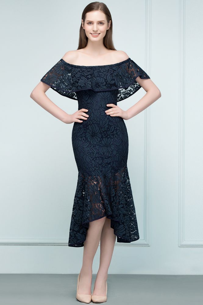 Vestidos de fiesta de encaje con hombros descubiertos, corte sirena, color negro, hasta la rodilla