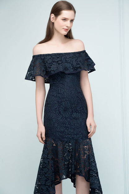 Vestidos de fiesta de encaje con hombros descubiertos, corte sirena, color negro, hasta la rodilla