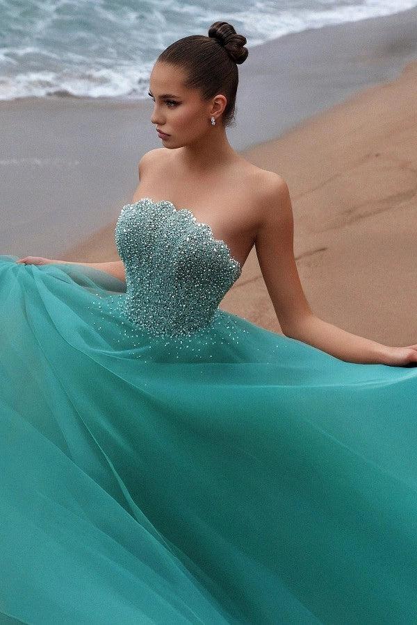 Teal Tulle Ball Gown Strapless Sweetheart Pearl Beaded Prom Evening Dress