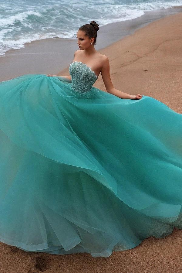 Teal Tulle Ball Gown Strapless Sweetheart Pearl Beaded Prom Evening Dress