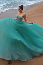 Teal Tulle Ball Gown Strapless Sweetheart Pearl Beaded Prom Evening Dress