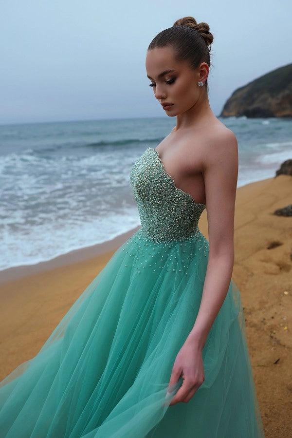 Teal Tulle Ball Gown Strapless Sweetheart Pearl Beaded Prom Evening Dress