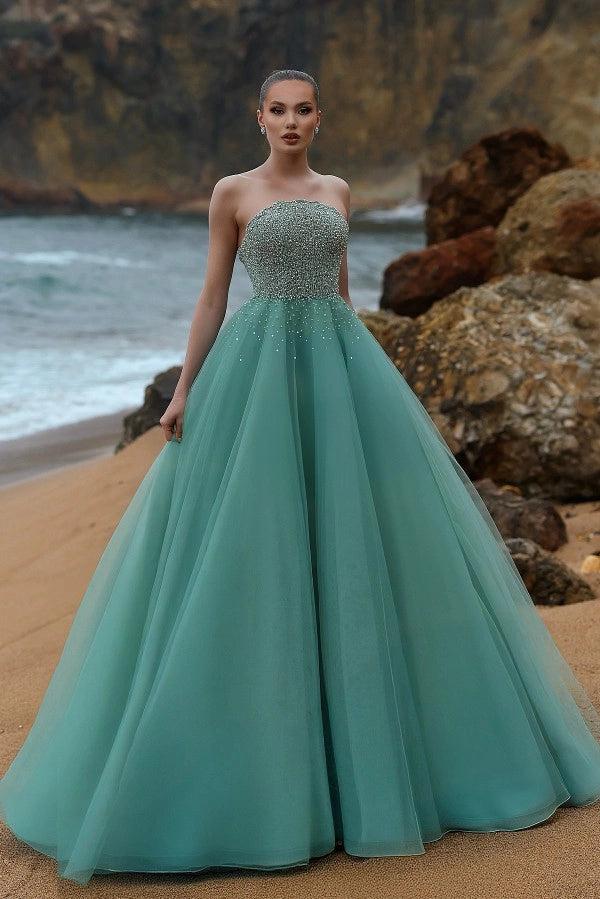Teal Tulle Ball Gown Strapless Sweetheart Pearl Beaded Prom Evening Dress