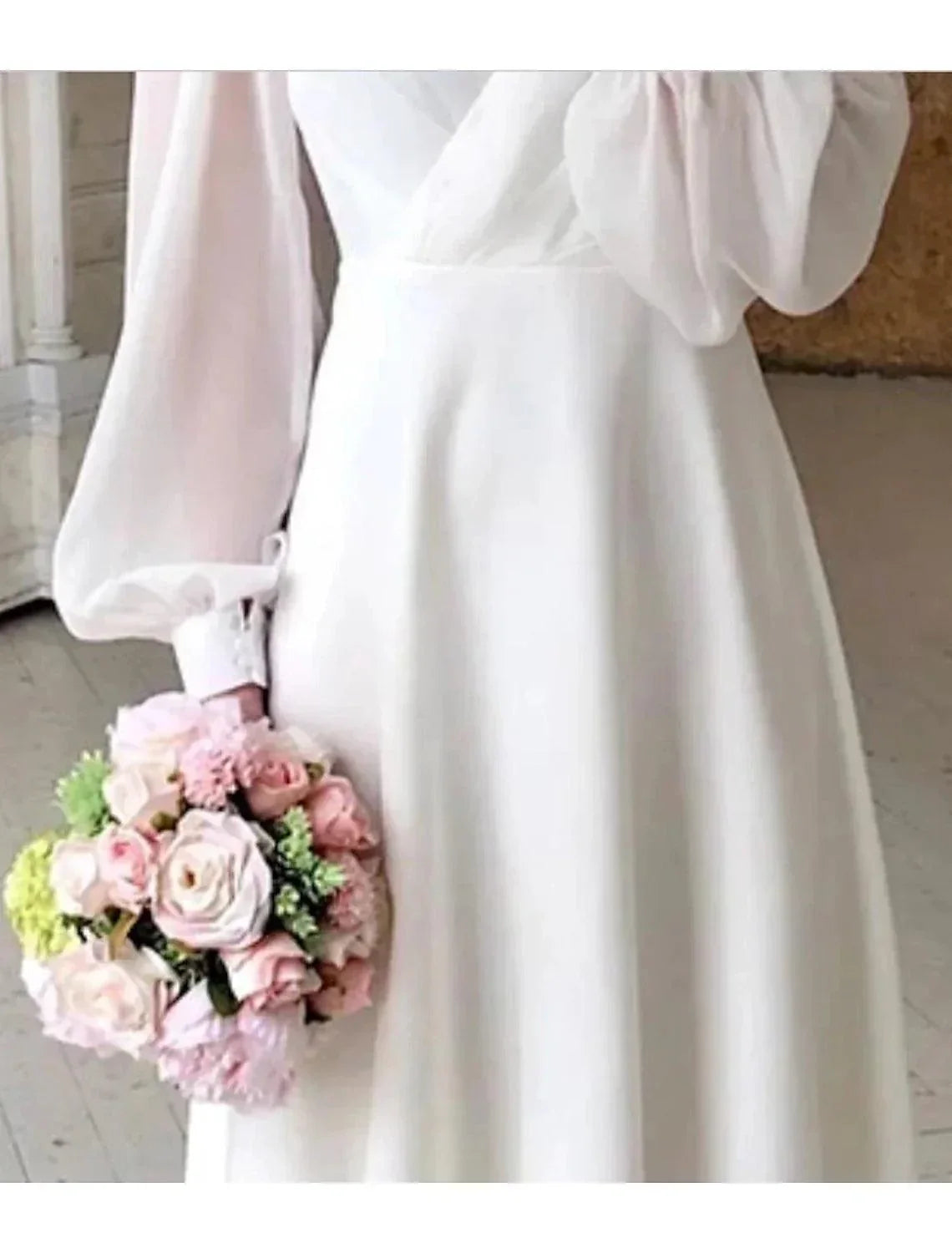 Abiti da Sposa Reception Piccoli Abiti Bianchi Abiti da Sposa a Linea A Scollo a V Maniche Lunghe Lunghezza Caviglia Abiti Nuziali in Chiffon a Colore Pieno