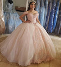 Abito da ballo rosa cipria gonfio Sweet 16 con spalle scoperte, sedici perline di cristallo, tulle rosa chiaro, abito da quindicesimo compleanno, abito da principessa per ballo di fine anno S27021