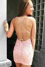 Tie Back  Appliqued Sheath Pink Short Prom Dress Homecoming Dress