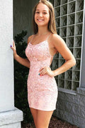 Tie Back  Appliqued Sheath Pink Short Prom Dress Homecoming Dress