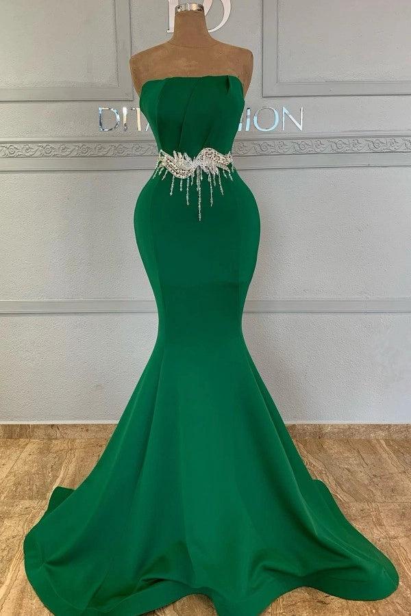 Emerald Strapless Mermaid Prom Dress Rhinestone Gown