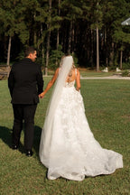 Ivory Square Neck Sleeveless Wedding Dress With Appliqués And Chapel Train