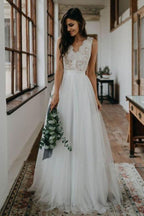 Top Lace Simple Tulle Beach Wedding Dress Bridal Gown With V Back