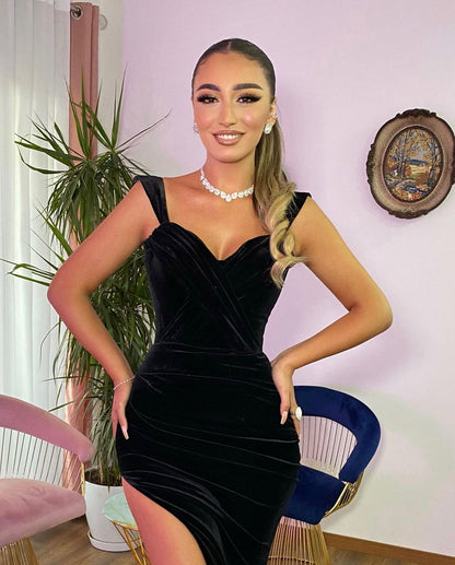 Trendy Schwarzes bodenlanges Sweetheart-ärmelloses Meerjungfrau-Ballkleid mit Schlitz