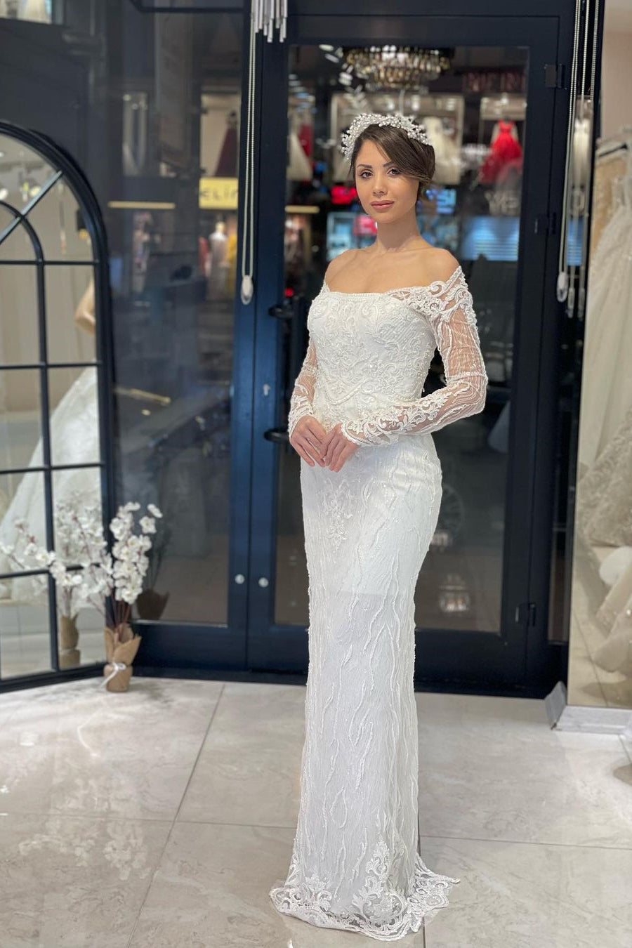 Vestido de novia de encaje estilo sirena, moderno, largo hasta el suelo y mangas largas