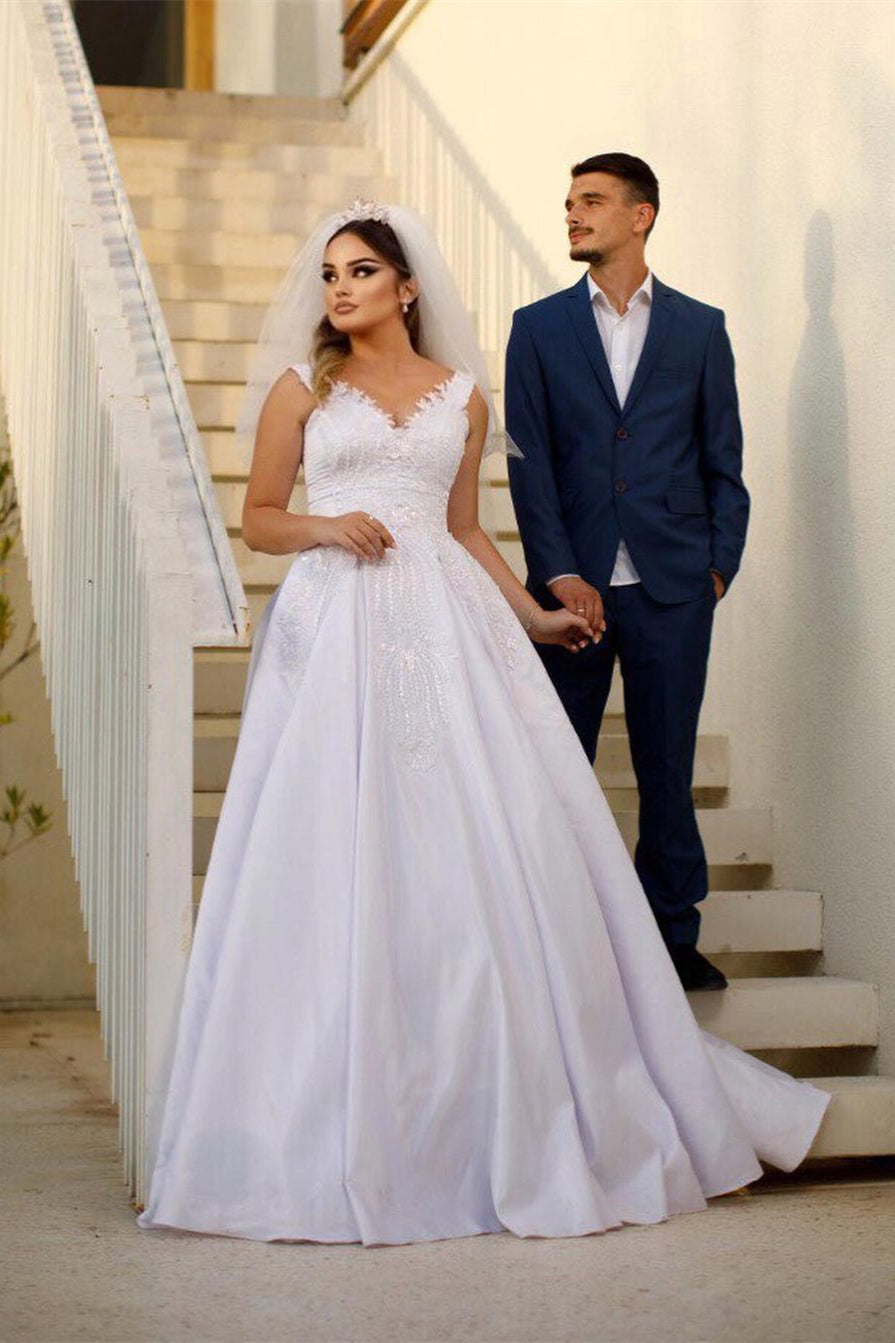 Vestido de novia moderno de satén con escote en forma de A, sin mangas, largo hasta el suelo y cuentas