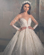 Trendy Floor Length V-Neck Long Sleeves A-Line Lace Wedding Dress with Appliques