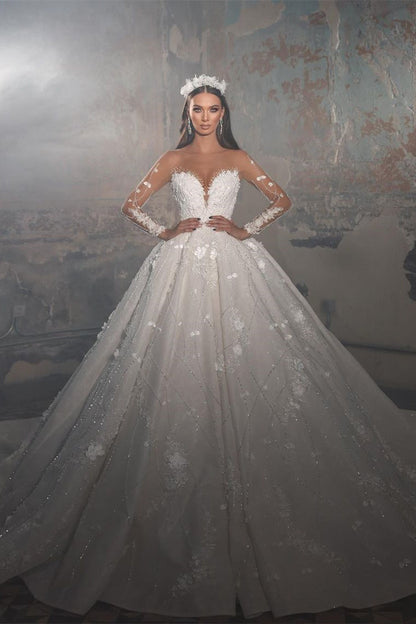 Trendiges bodenlanges A-Linien-Brautkleid aus Spitze mit V-Ausschnitt und langen Ärmeln und Applikationen